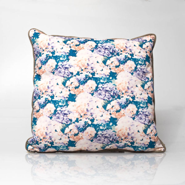 floral purple teal hydrangea print cushion